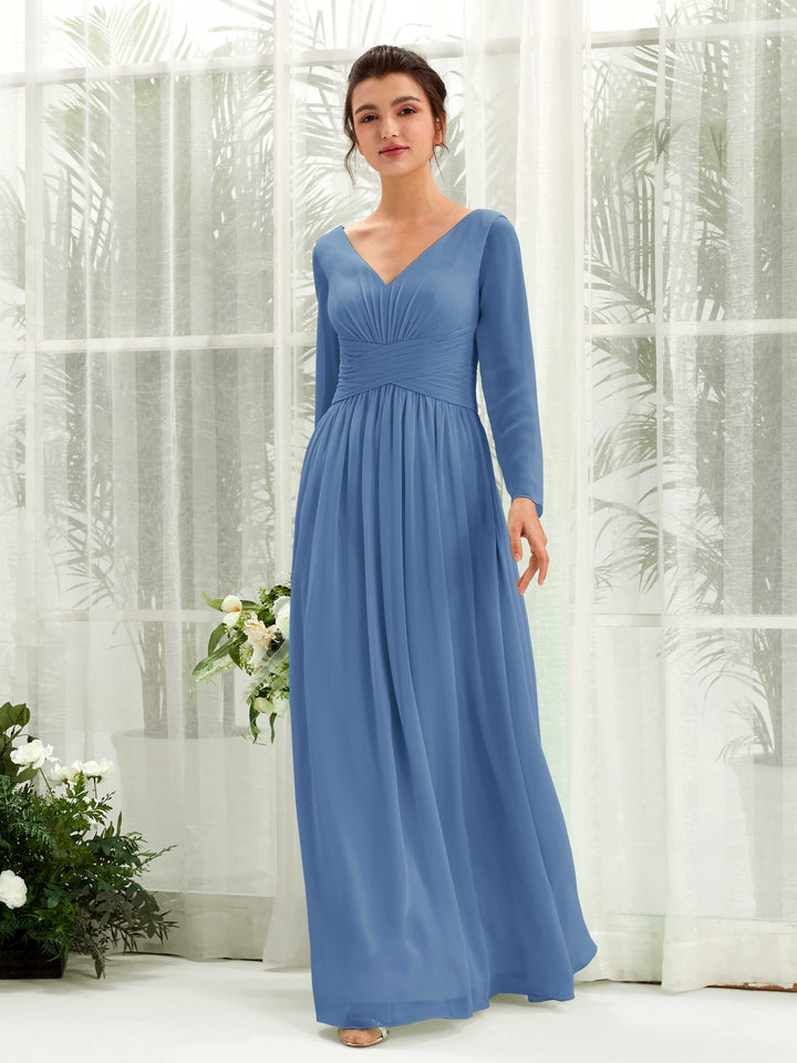 Carlyna A-Linien-Kleid V-Ausschnitt Langarm bodenlang Brautjungfernkleid Staubiges Blau 