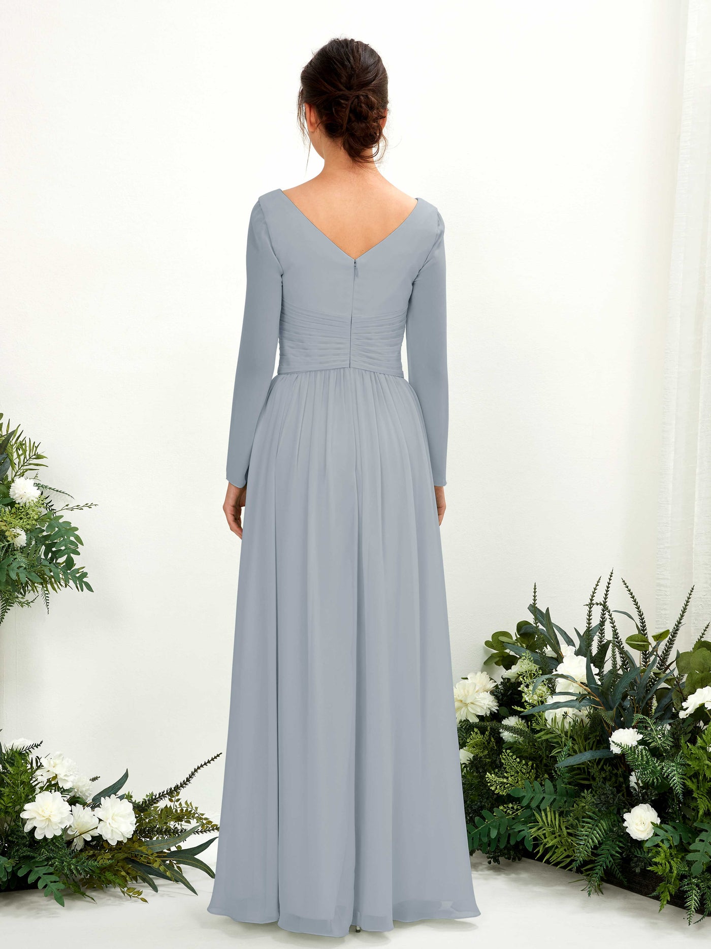 Carlyna A-Linien-Kleid V-Ausschnitt Langarm bodenlang Brautjungfernkleid Staubiges Blau-Upgrade #farbe_staubiges-blau-upgrade