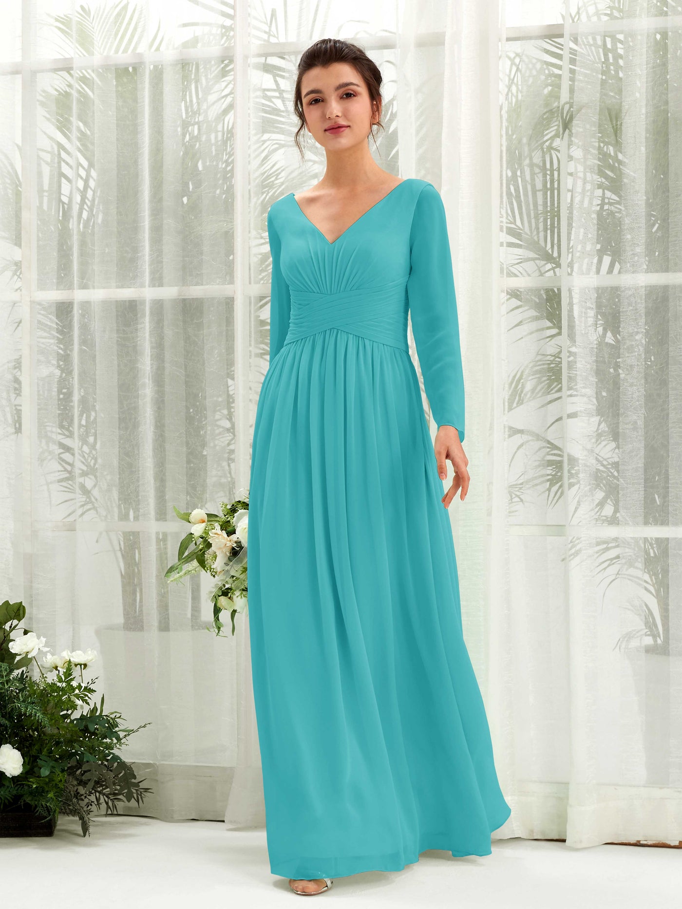 Carlyna A-Linien-Kleid V-Ausschnitt Langarm bodenlang Brautjungfernkleid Türkis #farbe_t-rkis