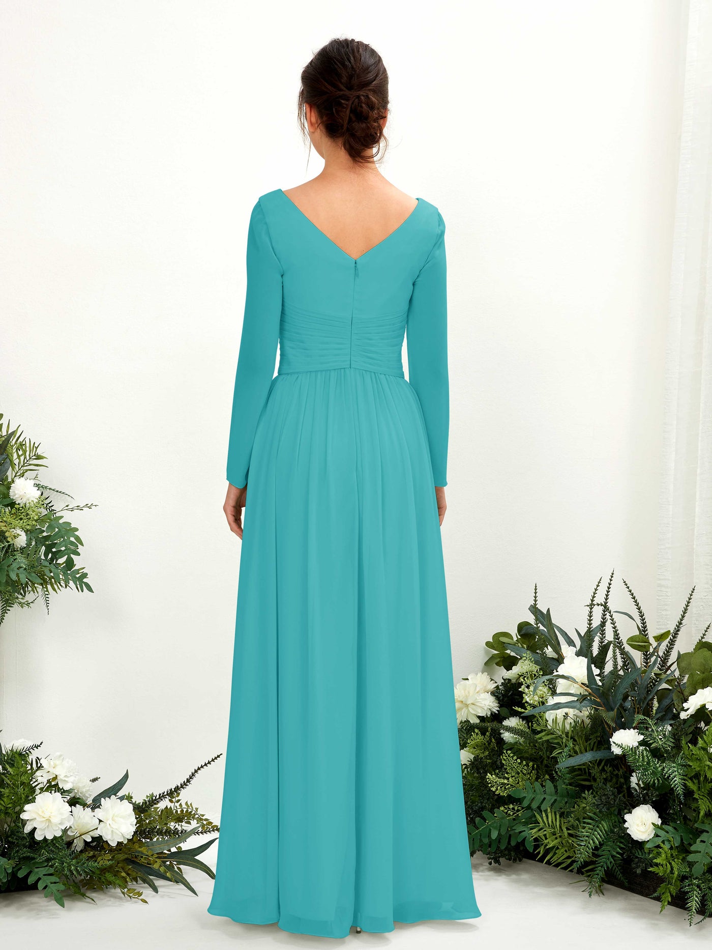 Carlyna A-Linien-Kleid V-Ausschnitt Langarm bodenlang Brautjungfernkleid Türkis #farbe_t-rkis