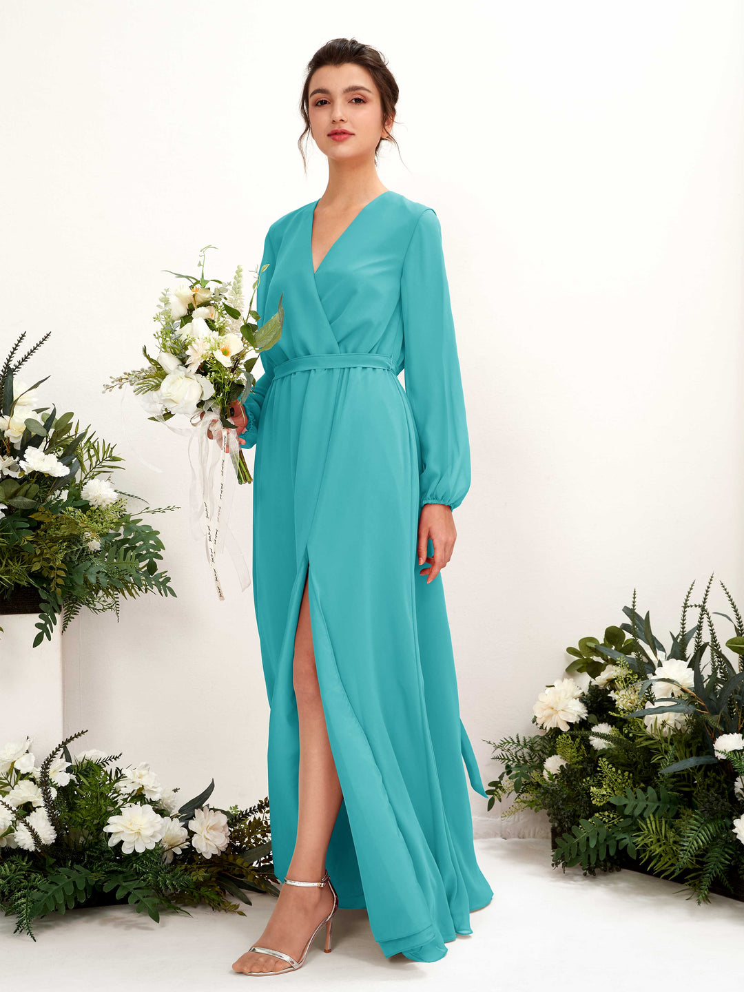 Carlyna A-Linien-Kleid V-Ausschnitt Langarm Bodenlang Brautjungfernkleid Türkis 