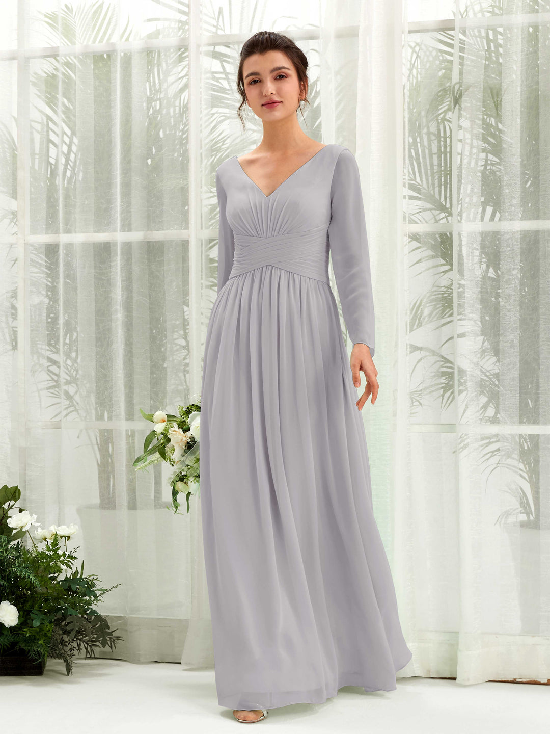 Carlyna A-Linien-Kleid V-Ausschnitt Langarm bodenlang Brautjungfernkleid Taube 