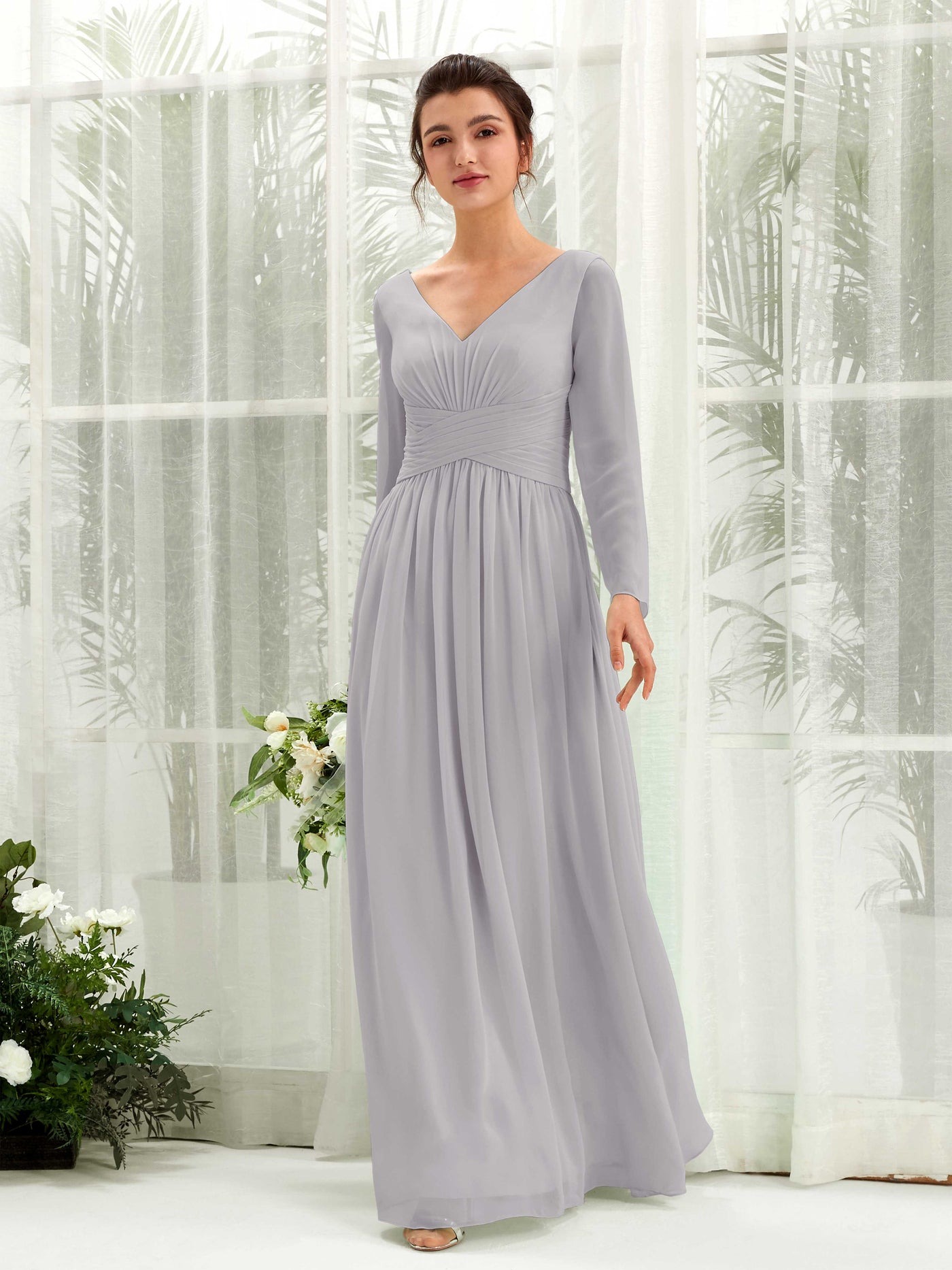 Carlyna A-Linien-Kleid V-Ausschnitt Langarm bodenlang Brautjungfernkleid Taube #farbe_taube
