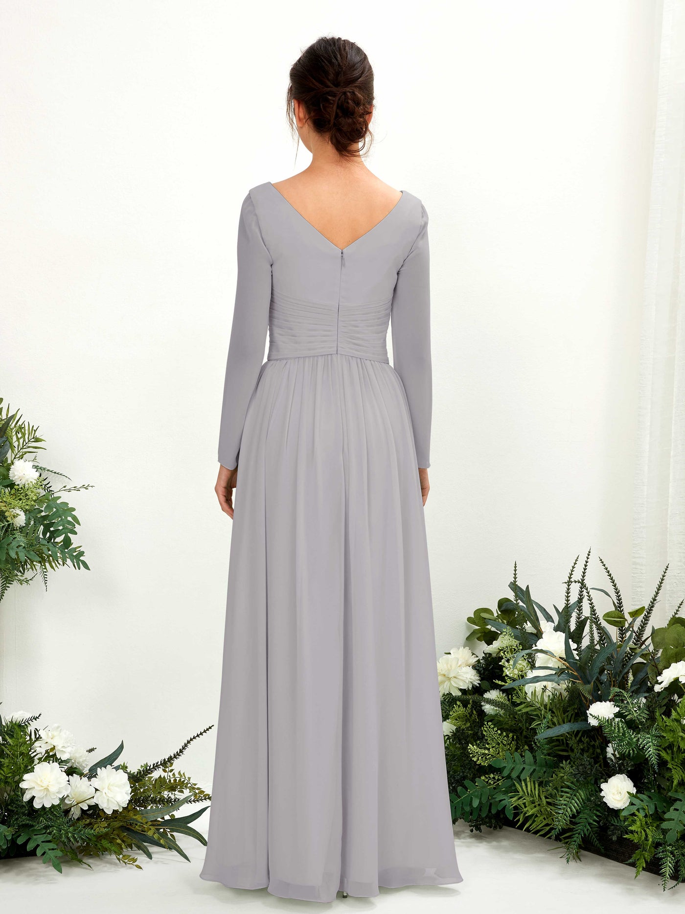 Carlyna A-Linien-Kleid V-Ausschnitt Langarm bodenlang Brautjungfernkleid Taube #farbe_taube