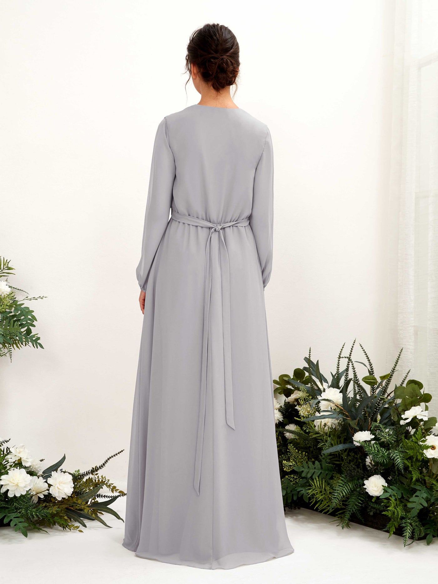 Carlyna A-Linien-Kleid V-Ausschnitt Langarm Bodenlang Brautjungfernkleid Taube #farbe_taube