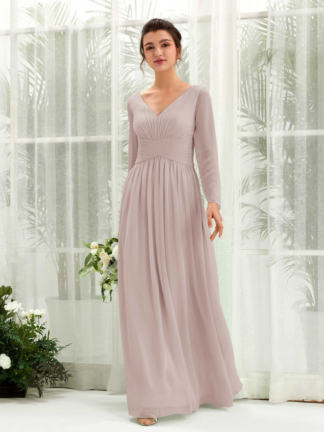 Carlyna A-Linien-Kleid V-Ausschnitt Langarm bodenlang Brautjungfernkleid Taupe 