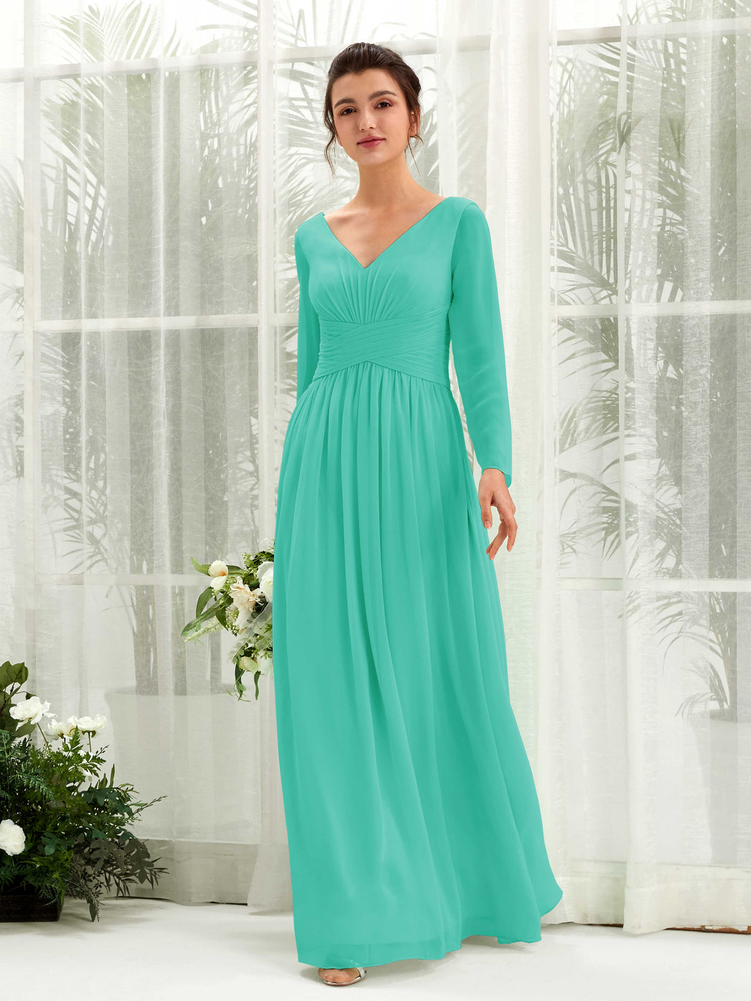 Carlyna A-Linien-Kleid V-Ausschnitt Langarm bodenlang Brautjungfernkleid Tiffany-Blau 