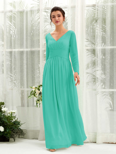 Carlyna A-Linien-Kleid V-Ausschnitt Langarm bodenlang Brautjungfernkleid Tiffany-Blau #farbe_tiffany-blau