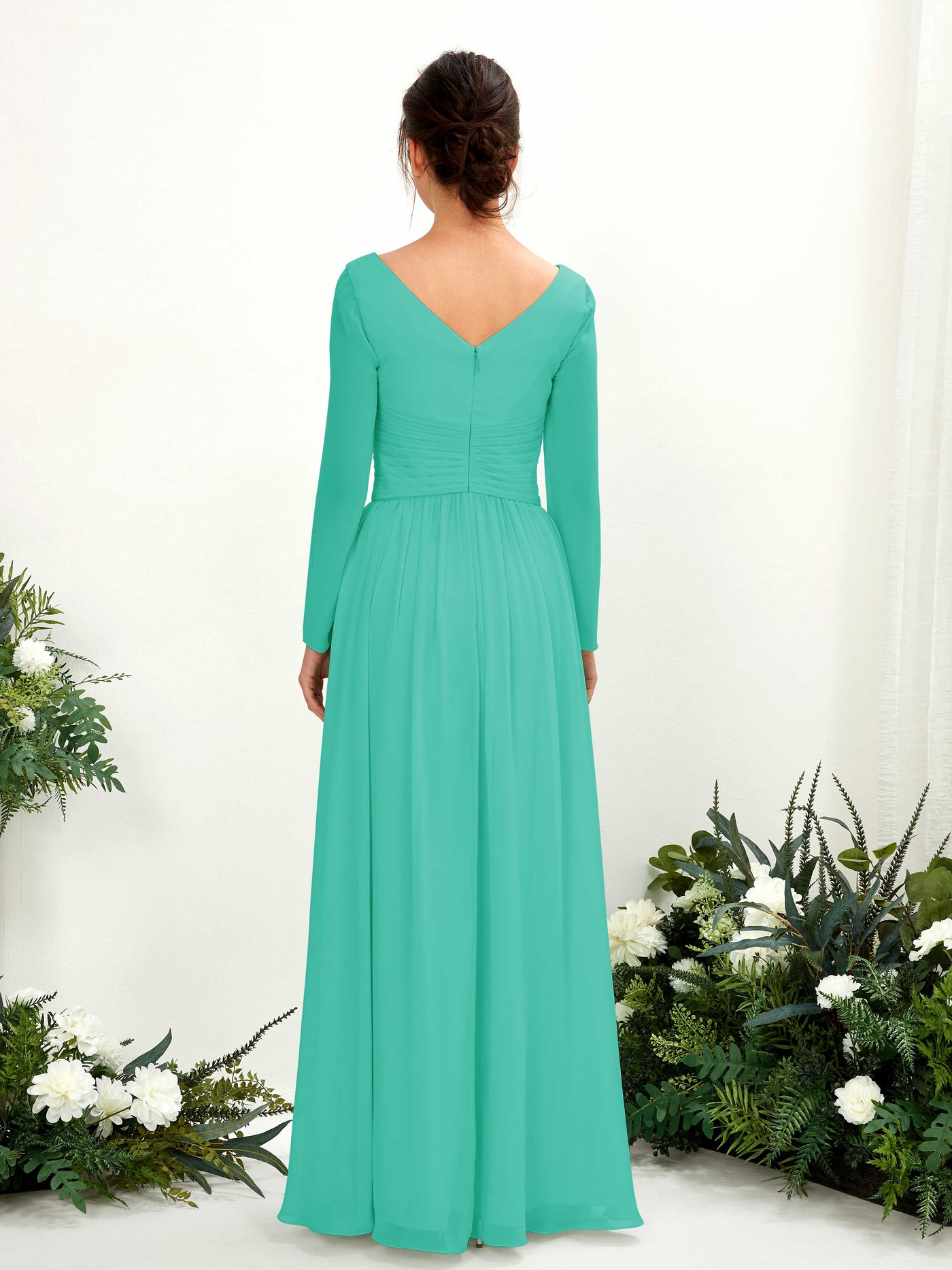 Carlyna A-Linien-Kleid V-Ausschnitt Langarm bodenlang Brautjungfernkleid Tiffany-Blau #farbe_tiffany-blau