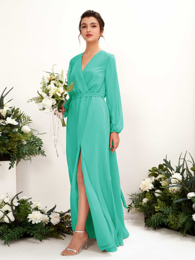 Carlyna A-Linien-Kleid V-Ausschnitt Langarm Bodenlang Brautjungfernkleid Tiffany-Blau #farbe_tiffany-blau