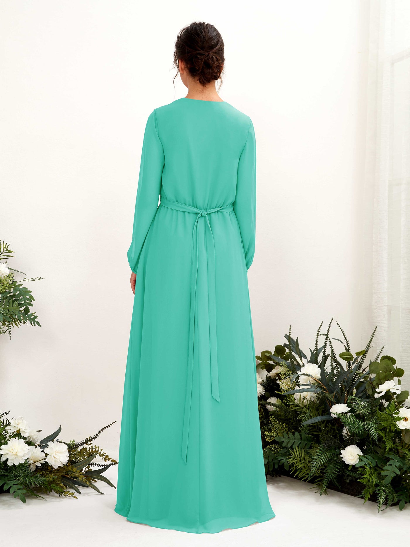 Carlyna A-Linien-Kleid V-Ausschnitt Langarm Bodenlang Brautjungfernkleid Tiffany-Blau #farbe_tiffany-blau