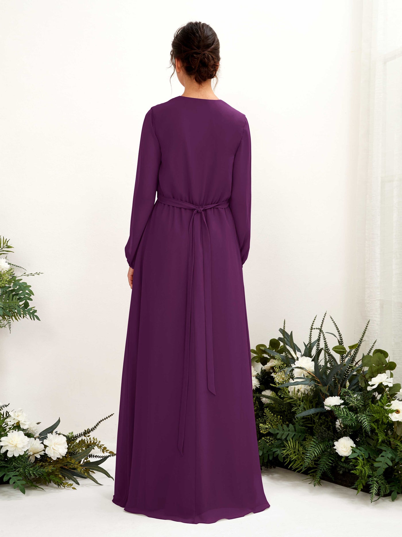 Carlyna A-Linien-Kleid V-Ausschnitt Langarm Bodenlang Brautjungfernkleid Traube #farbe_traube