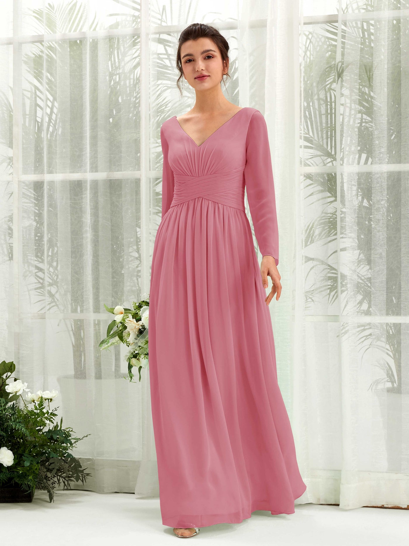 Carlyna A-Linien-Kleid V-Ausschnitt Langarm bodenlang Brautjungfernkleid Wüstenrose #farbe_w-stenrose
