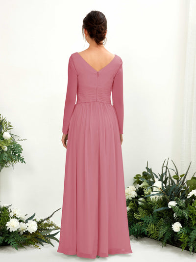Carlyna A-Linien-Kleid V-Ausschnitt Langarm bodenlang Brautjungfernkleid Wüstenrose #farbe_w-stenrose