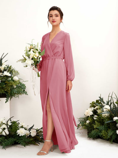 Carlyna A-Linien-Kleid V-Ausschnitt Langarm Bodenlang Brautjungfernkleid Wüstenrose #farbe_w-stenrose