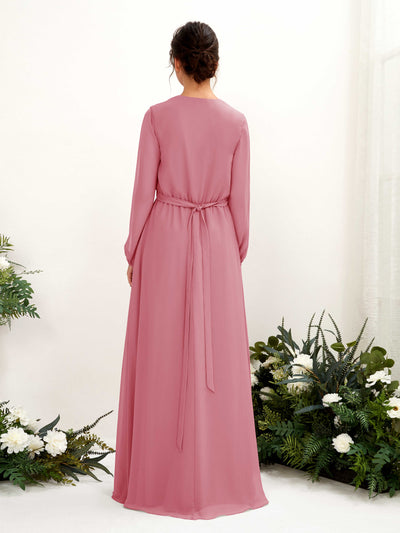 Carlyna A-Linien-Kleid V-Ausschnitt Langarm Bodenlang Brautjungfernkleid Wüstenrose #farbe_w-stenrose
