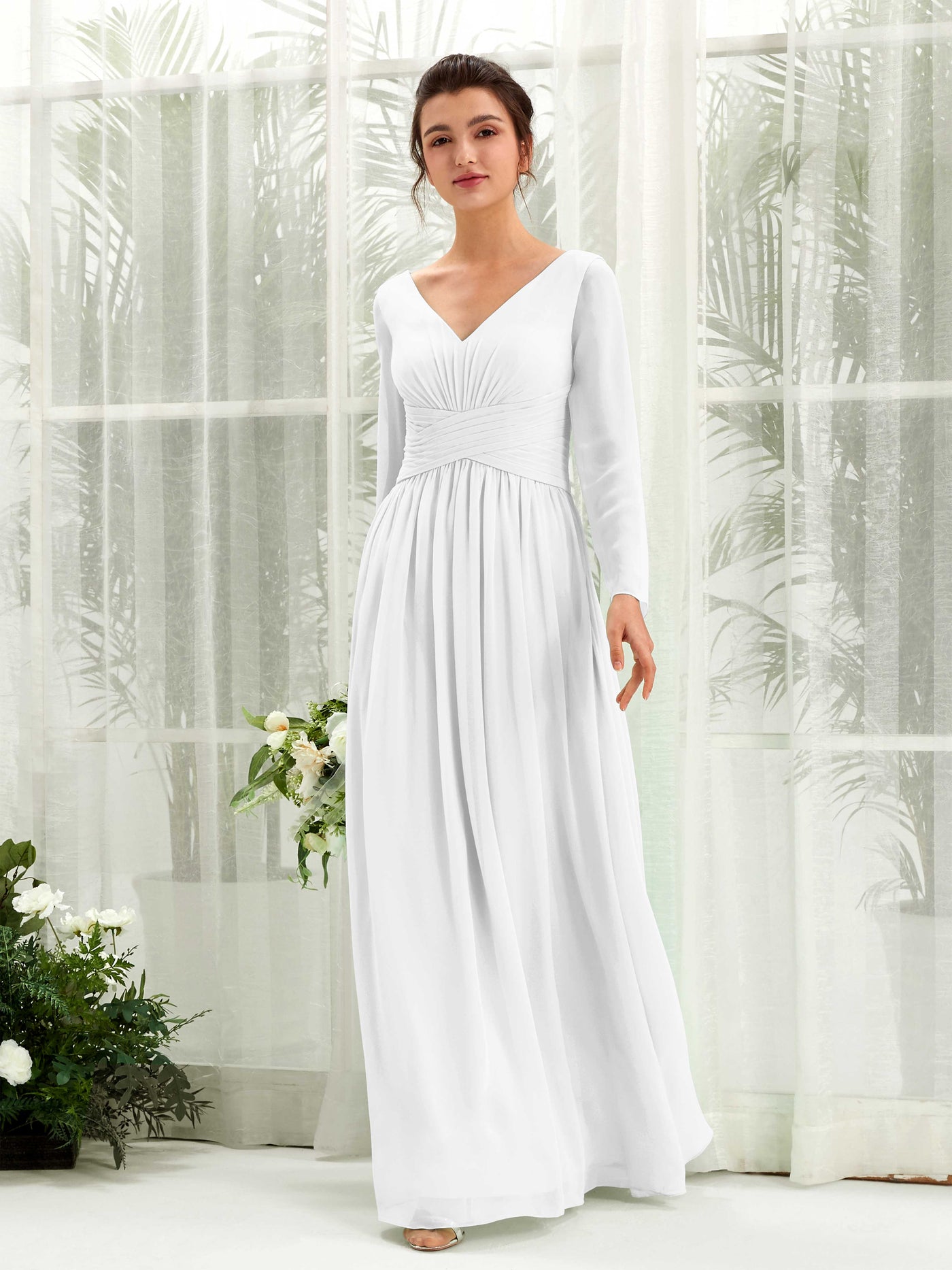 Carlyna A-Linien-Kleid V-Ausschnitt Langarm bodenlang Brautjungfernkleid Weiß #farbe_wei