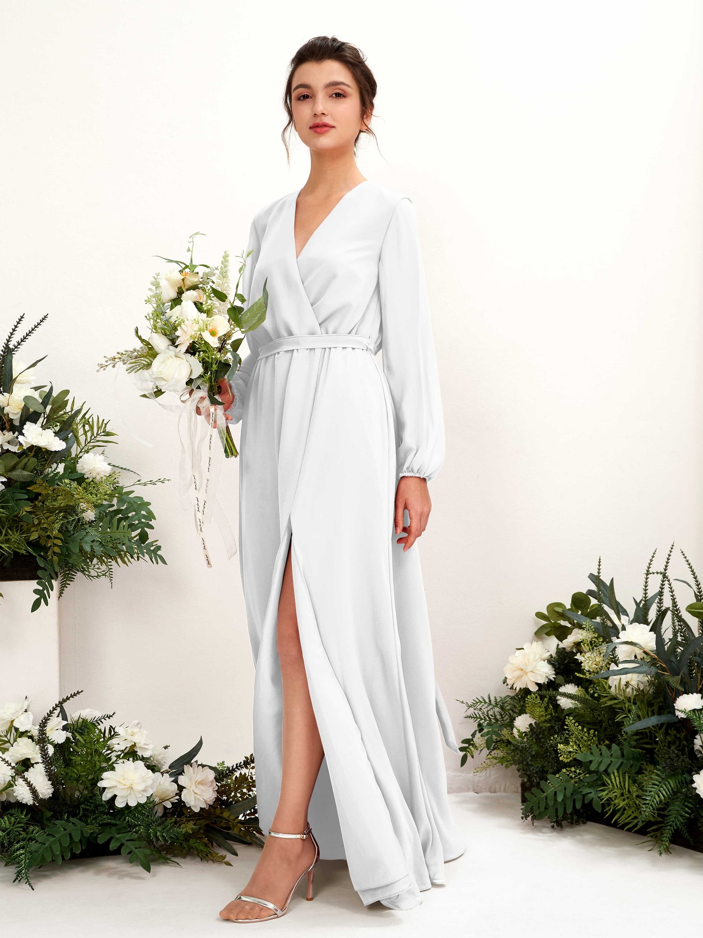 Carlyna A-Linien-Kleid V-Ausschnitt Langarm Bodenlang Brautjungfernkleid Weiß #farbe_wei