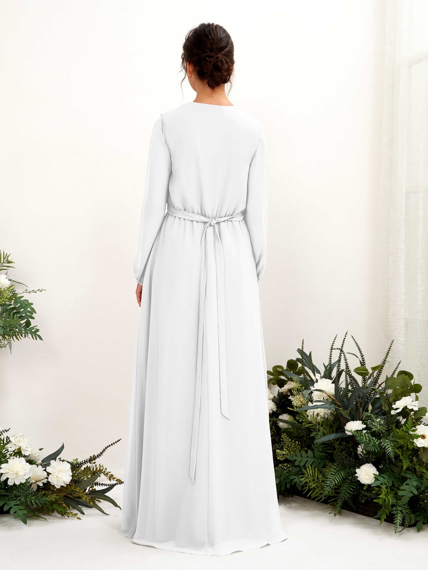 Carlyna A-Linien-Kleid V-Ausschnitt Langarm Bodenlang Brautjungfernkleid Weiß #farbe_wei