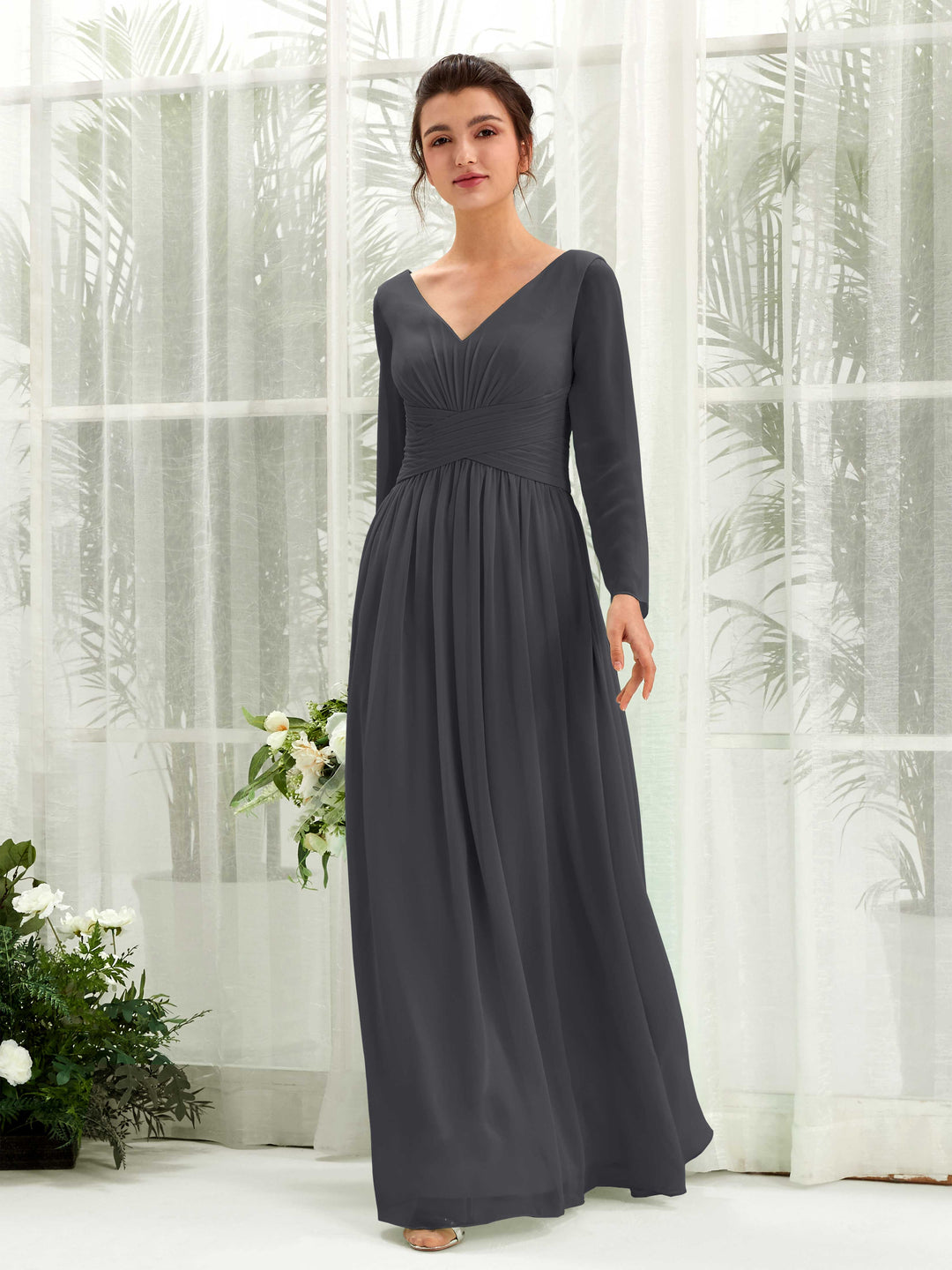 Carlyna A-Linien-Kleid V-Ausschnitt Langarm bodenlang Brautjungfernkleid Zinnfarben 