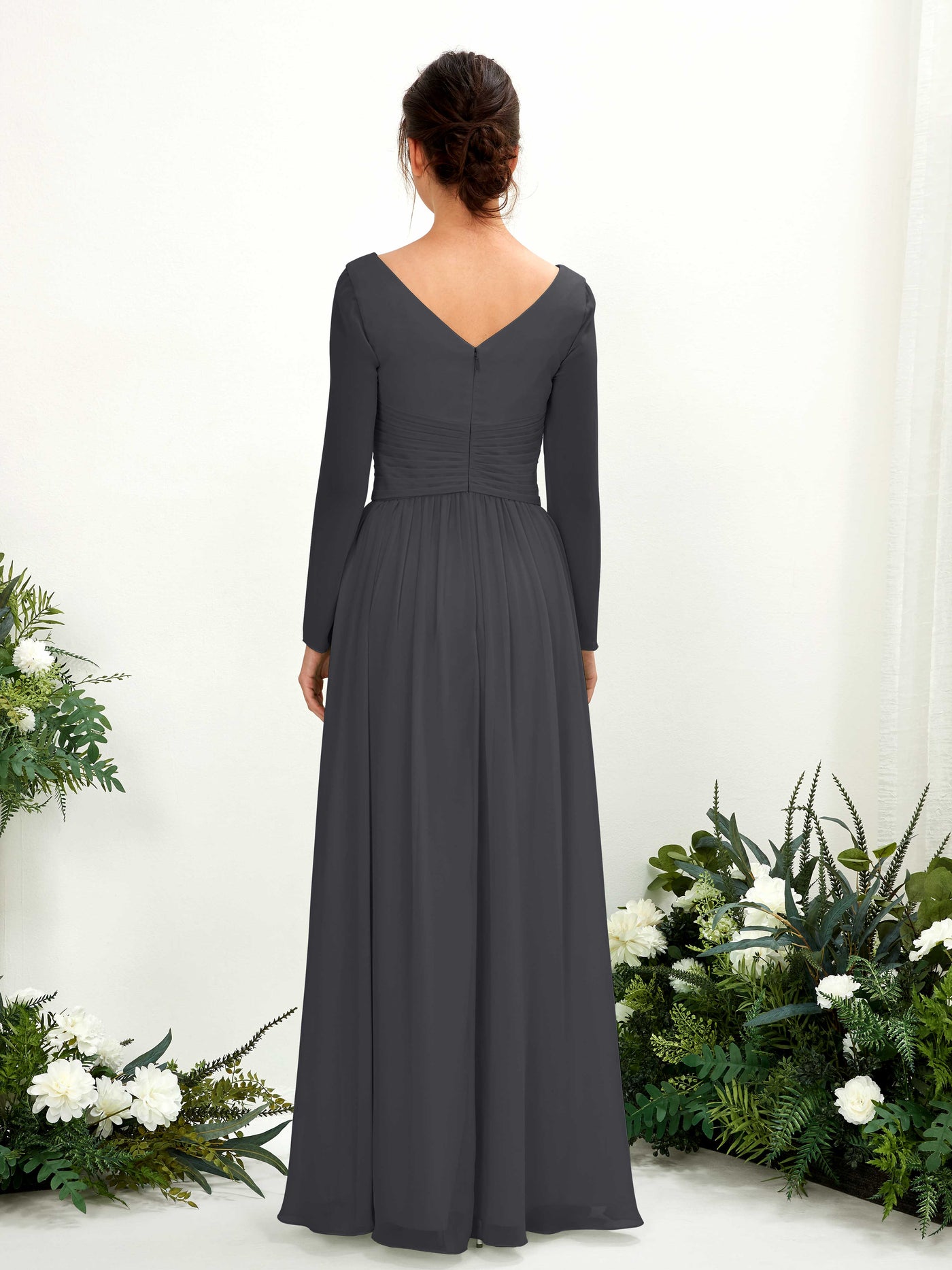 Carlyna A-Linien-Kleid V-Ausschnitt Langarm bodenlang Brautjungfernkleid Zinnfarben #farbe_zinnfarben