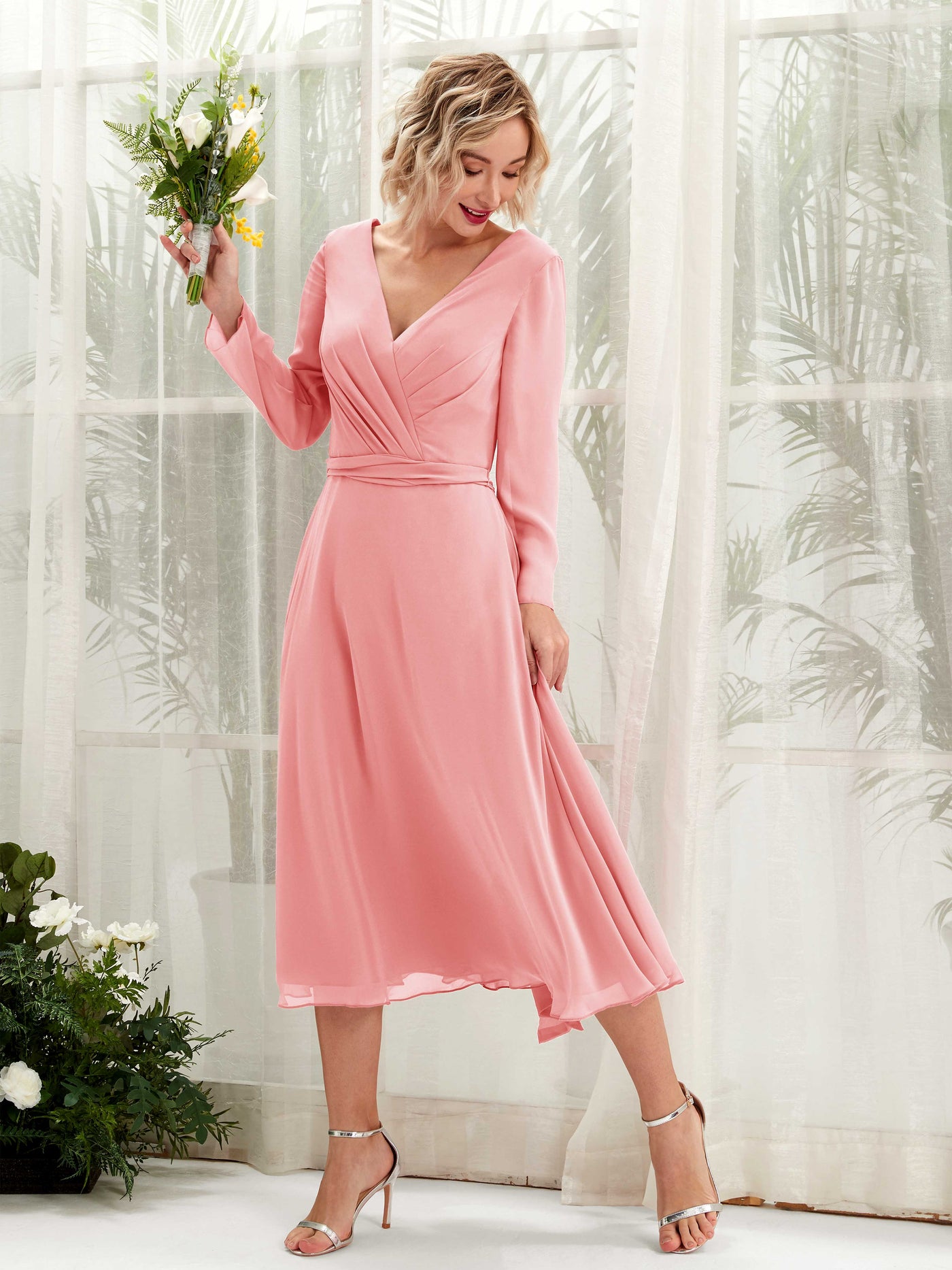 Carlyna A-Linien-Kleid V-Ausschnitt Langarm Wadenlang Brautjungfernkleider Ballettrosa #farbe_ballettrosa