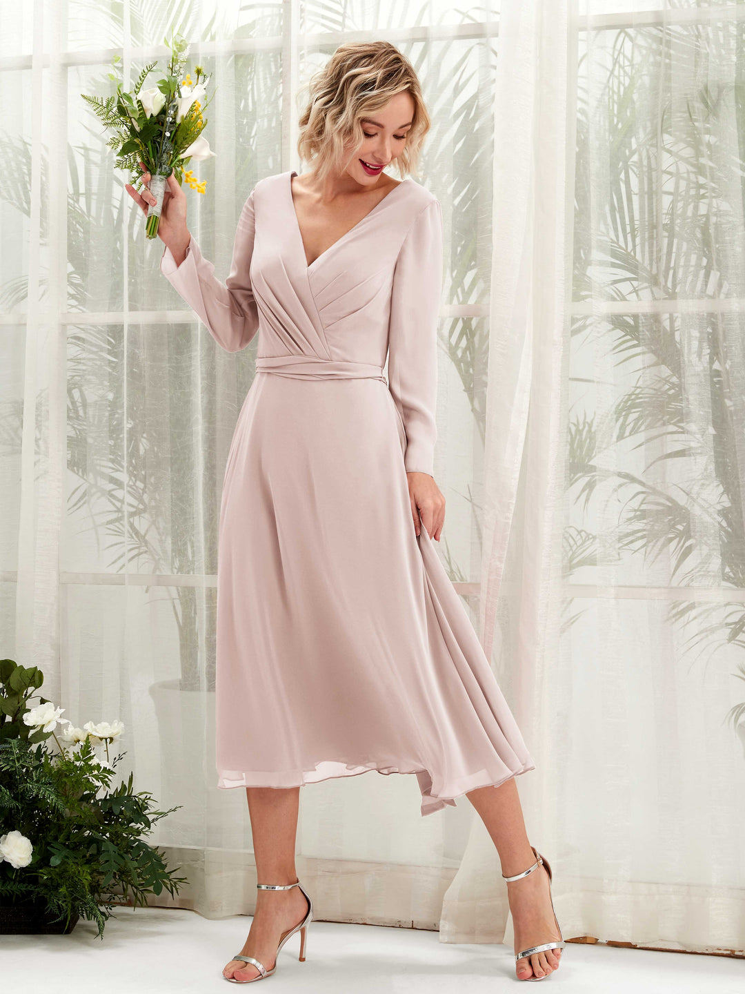 Carlyna A-Linien-Kleid V-Ausschnitt Langarm Wadenlang Brautjungfernkleider Biscotti 