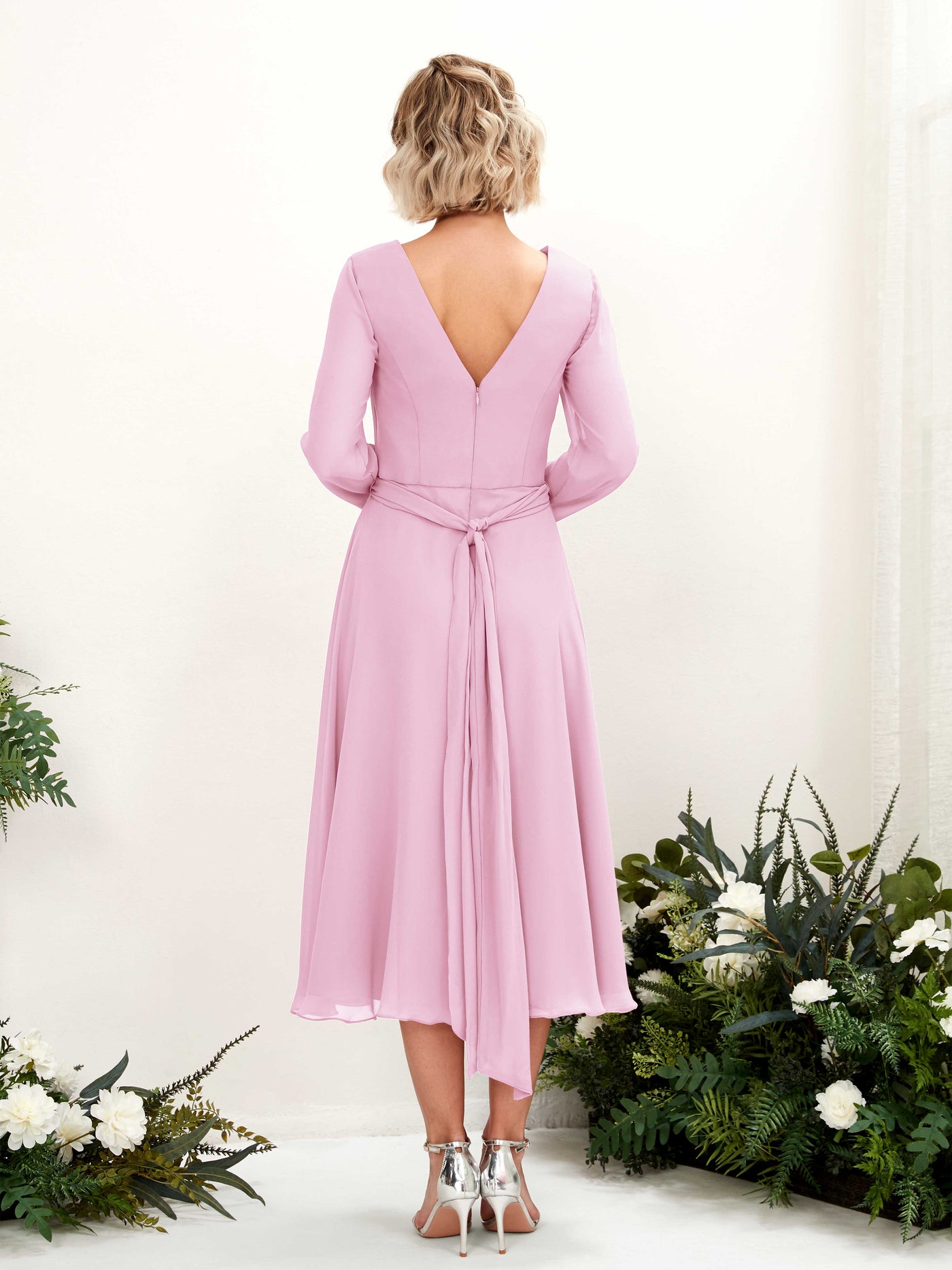 Carlyna A-Linien-Kleid V-Ausschnitt Langarm Wadenlang Brautjungfernkleider Bonbonrosa #farbe_bonbonrosa