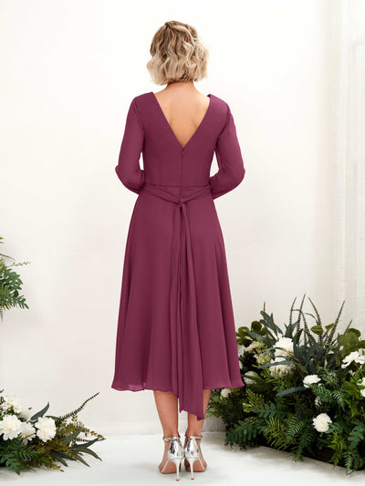 Carlyna A-Linien-Kleid V-Ausschnitt Langarm Wadenlang Brautjungfernkleider Chianti #farbe_chianti