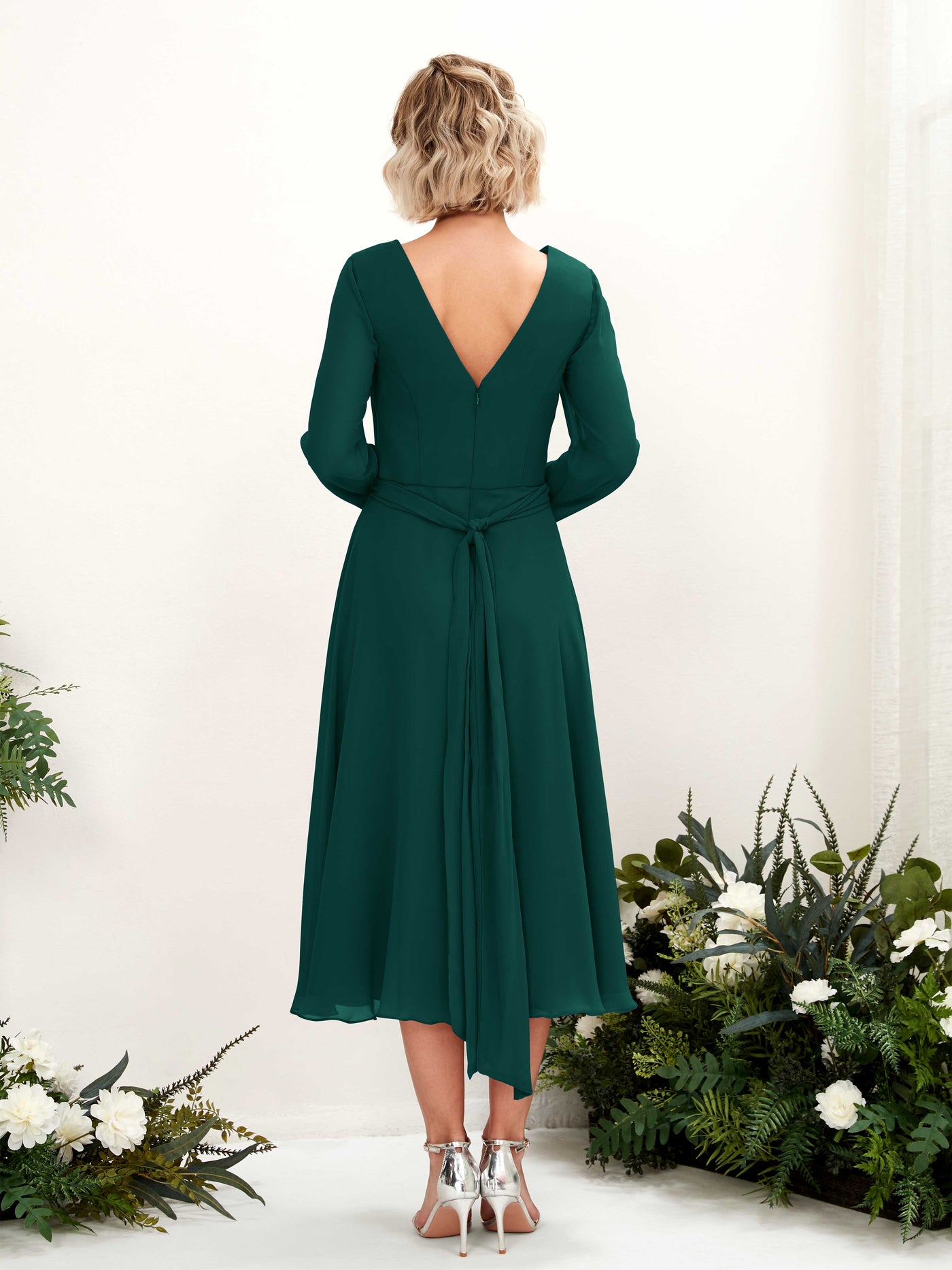 Carlyna A-Linien-Kleid V-Ausschnitt Langarm Wadenlang Brautjungfernkleider Dunkelsmaragd #farbe_dunkelsmaragd