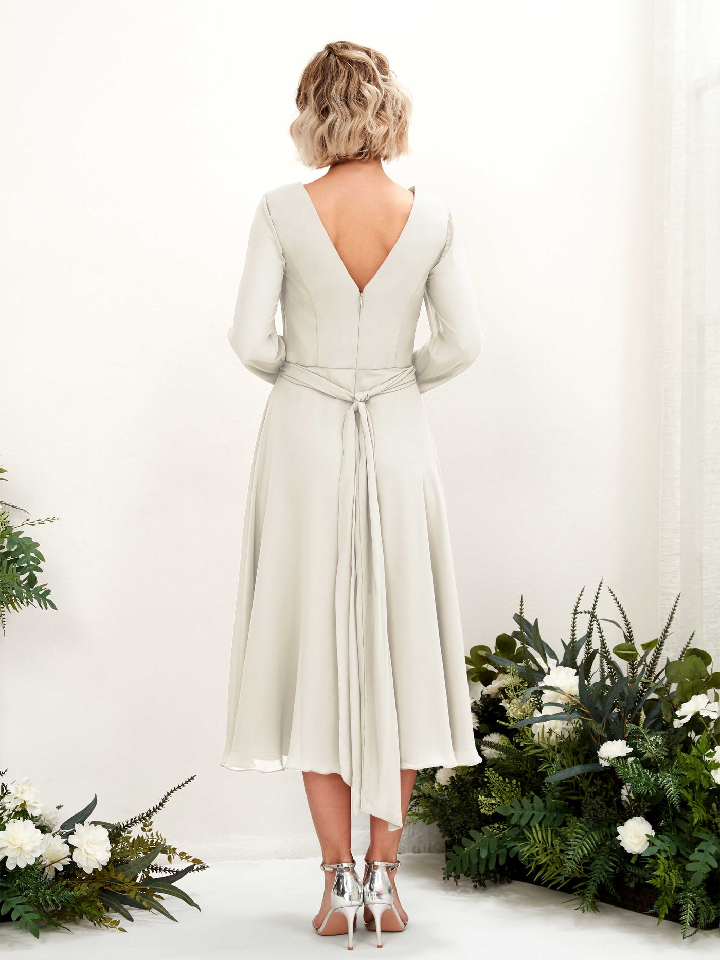 Carlyna A-Linien-Kleid V-Ausschnitt Langarm Wadenlang Brautjungfernkleider Elfenbein #farbe_elfenbein