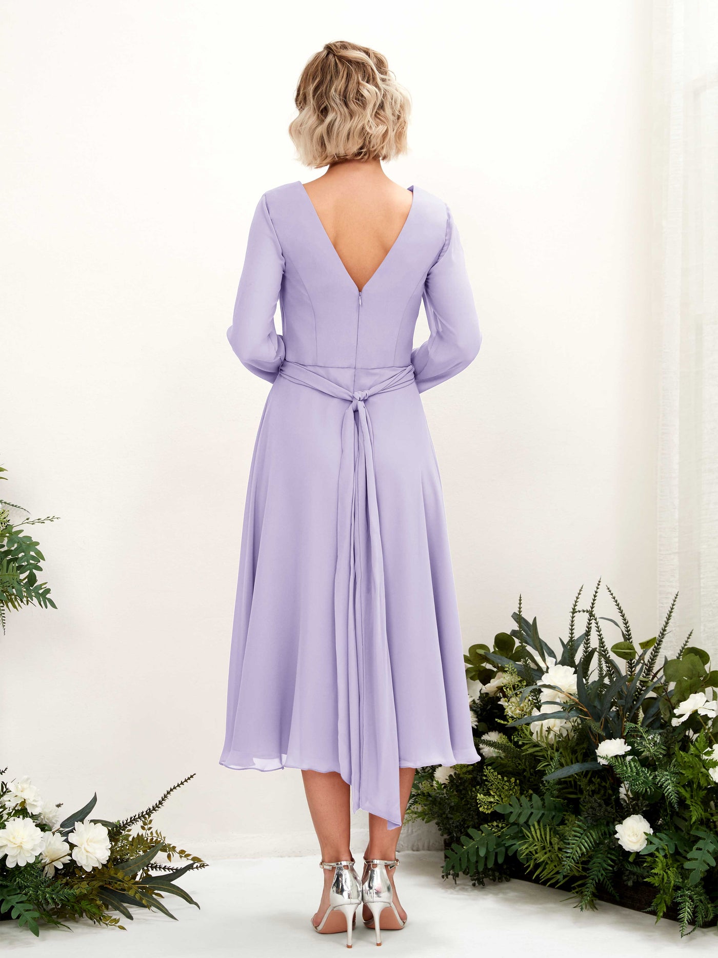 Carlyna A-Linien-Kleid V-Ausschnitt Langarm Wadenlang Brautjungfernkleider Flieder #farbe_flieder
