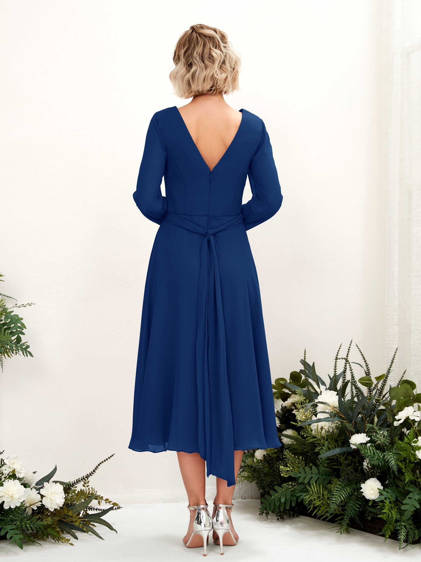 Carlyna A-Linien-Kleid V-Ausschnitt Langarm Wadenlang Brautjungfernkleider Königsblau #farbe_k-nigsblau