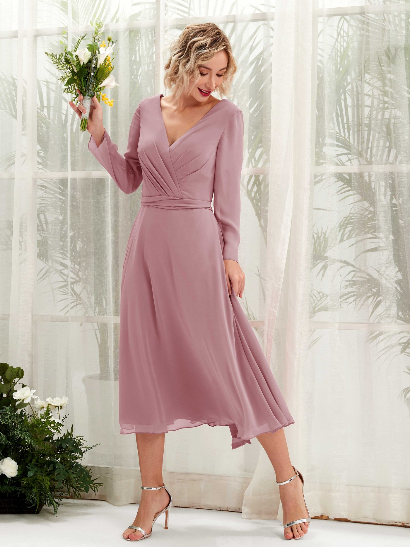Carlyna A-Linien-Kleid V-Ausschnitt Langarm Wadenlang Brautjungfernkleider Klassisch Mauve #farbe_klassisch-mauve