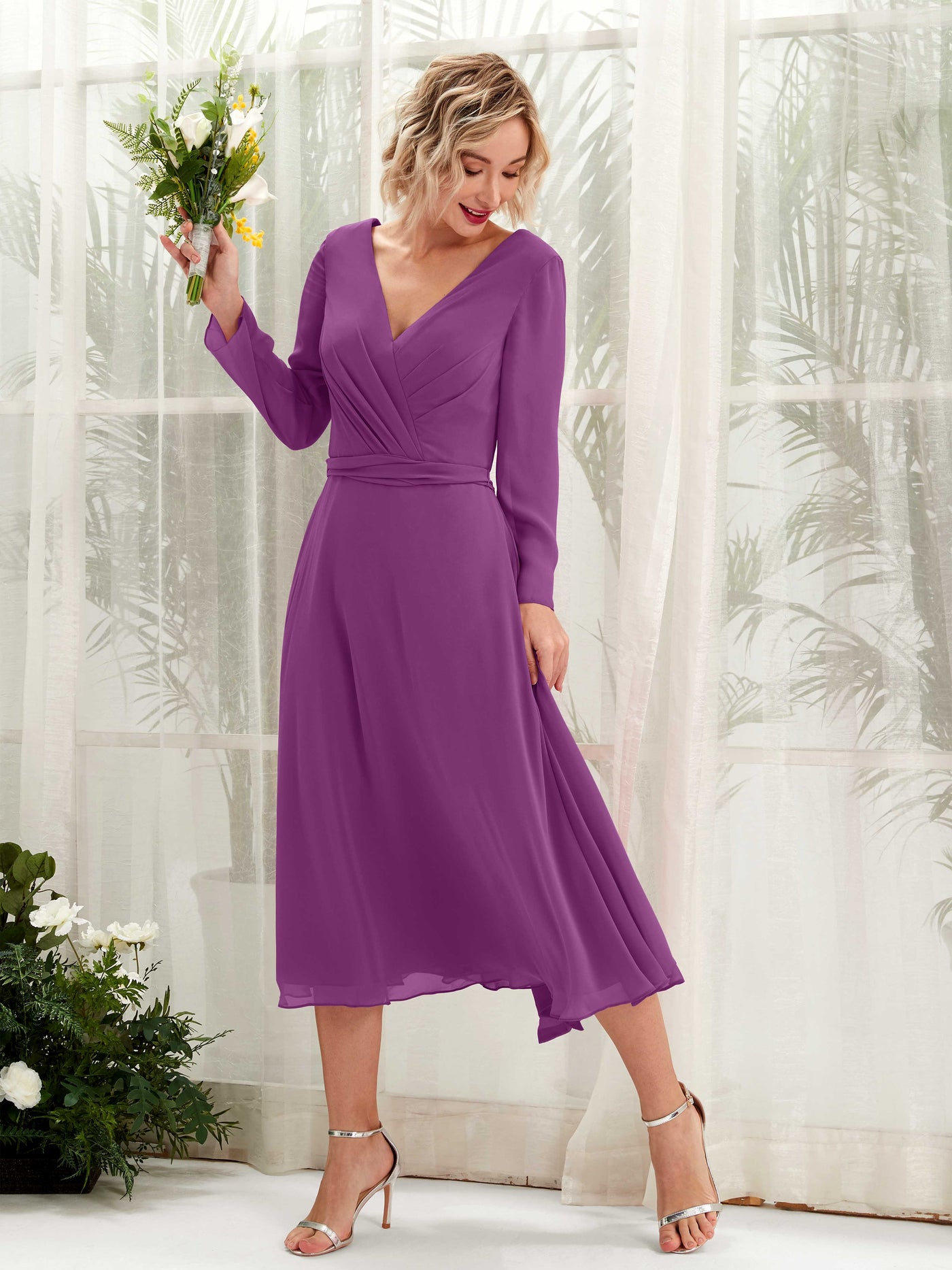 Carlyna A-Linien-Kleid V-Ausschnitt Langarm Wadenlang Brautjungfernkleider Lila #farbe_lila