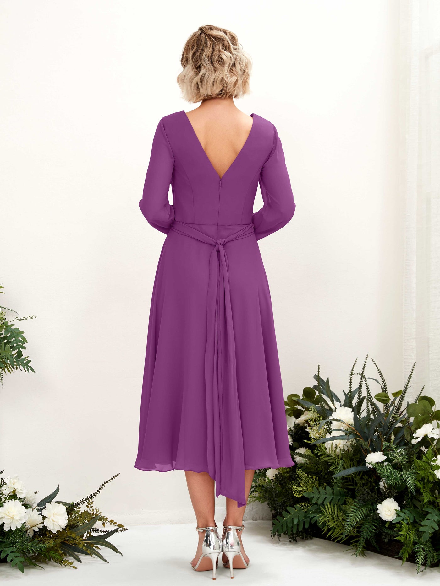 Carlyna A-Linien-Kleid V-Ausschnitt Langarm Wadenlang Brautjungfernkleider Lila #farbe_lila