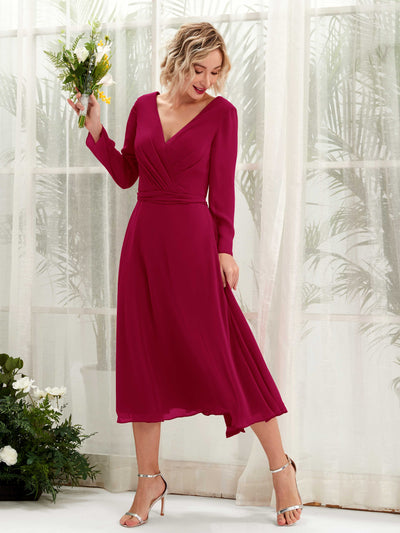 Carlyna A-Linien-Kleid V-Ausschnitt Langarm Wadenlang Brautjungfernkleider Narrenrot #farbe_narrenrot
