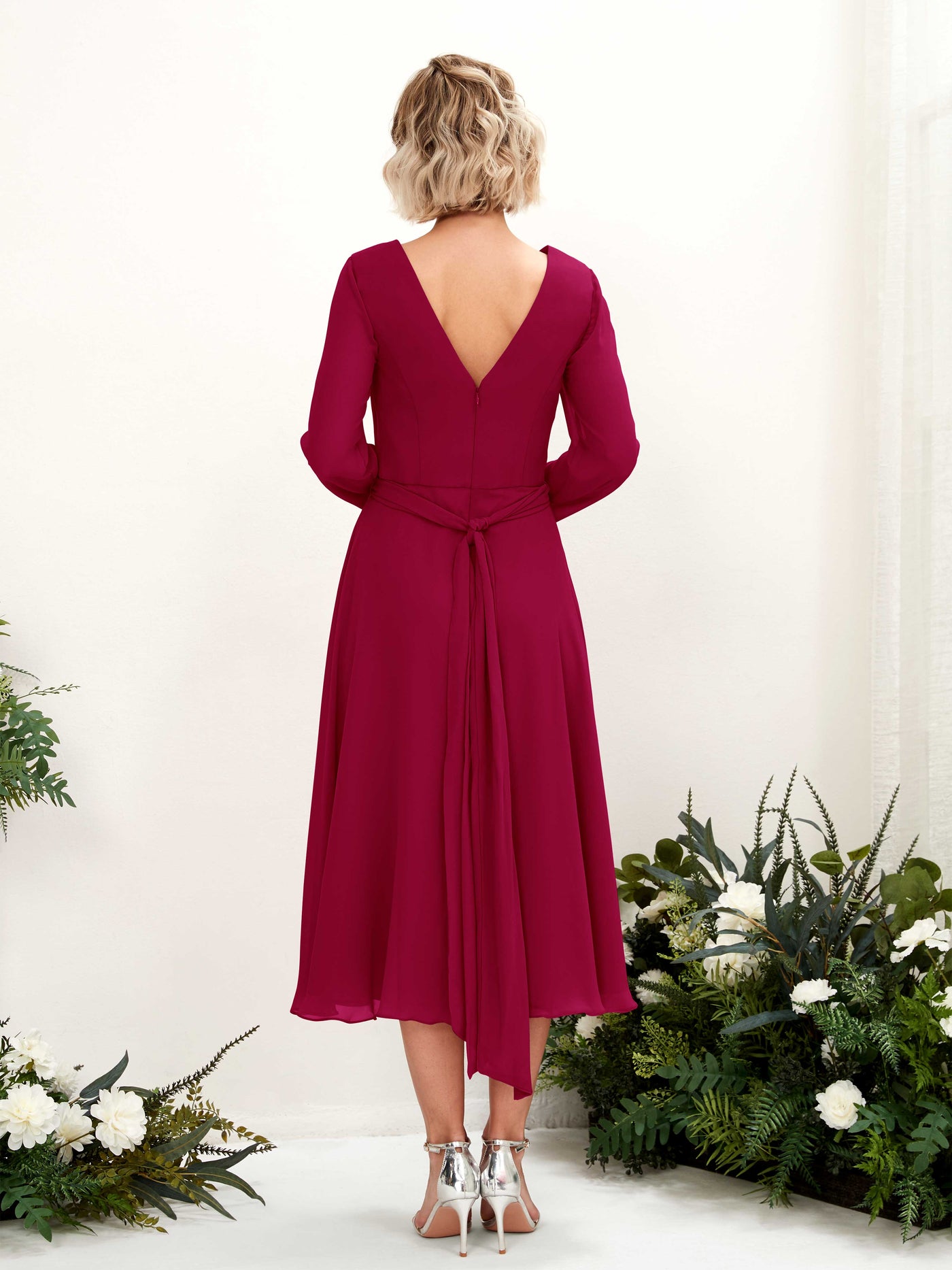 Carlyna A-Linien-Kleid V-Ausschnitt Langarm Wadenlang Brautjungfernkleider Narrenrot #farbe_narrenrot