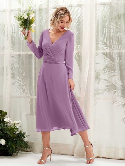 Carlyna A-Linien-Kleid V-Ausschnitt Langarm Wadenlang Brautjungfernkleider Orchideen-Nebel #farbe_orchideen-nebel