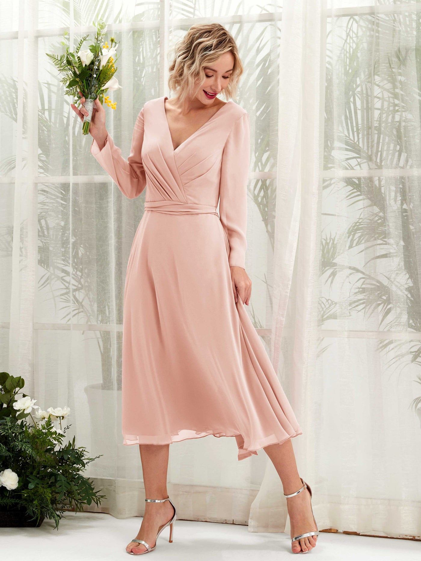 Carlyna A-Linien-Kleid V-Ausschnitt Langarm Wadenlang Brautjungfernkleider Perlrosa #farbe_perlrosa