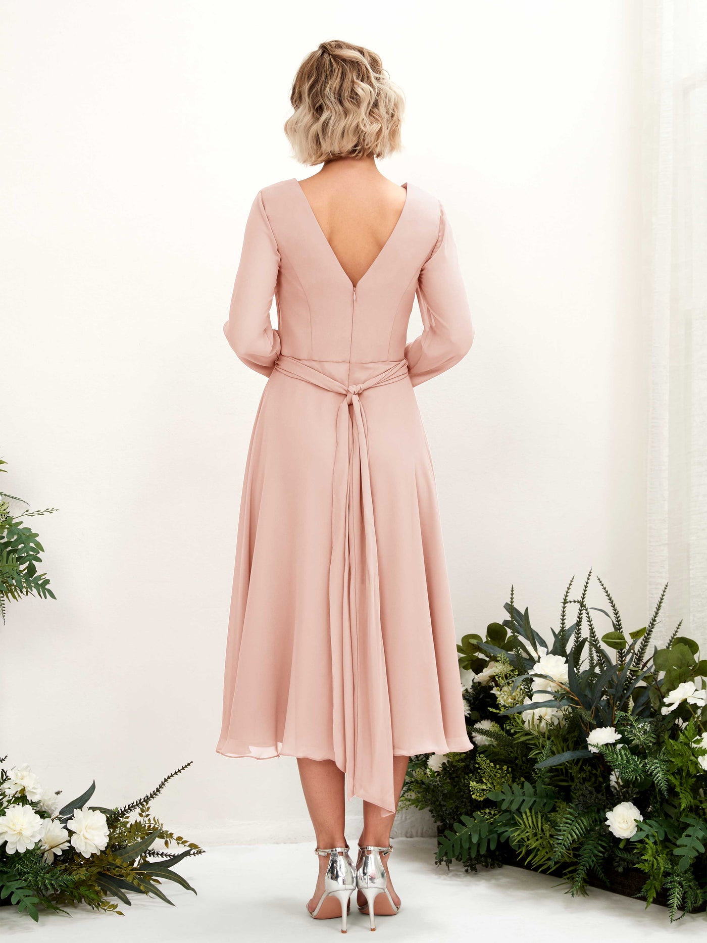 Carlyna A-Linien-Kleid V-Ausschnitt Langarm Wadenlang Brautjungfernkleider Perlrosa #farbe_perlrosa