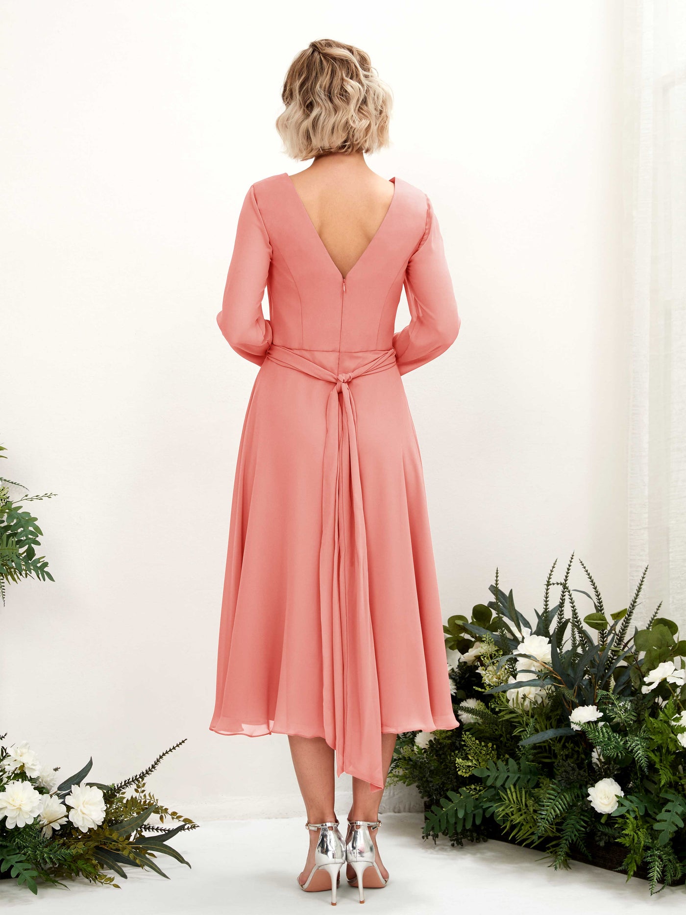 Carlyna A-Linien-Kleid V-Ausschnitt Langarm Wadenlang Brautjungfernkleider Pfirsichrosa #farbe_pfirsichrosa