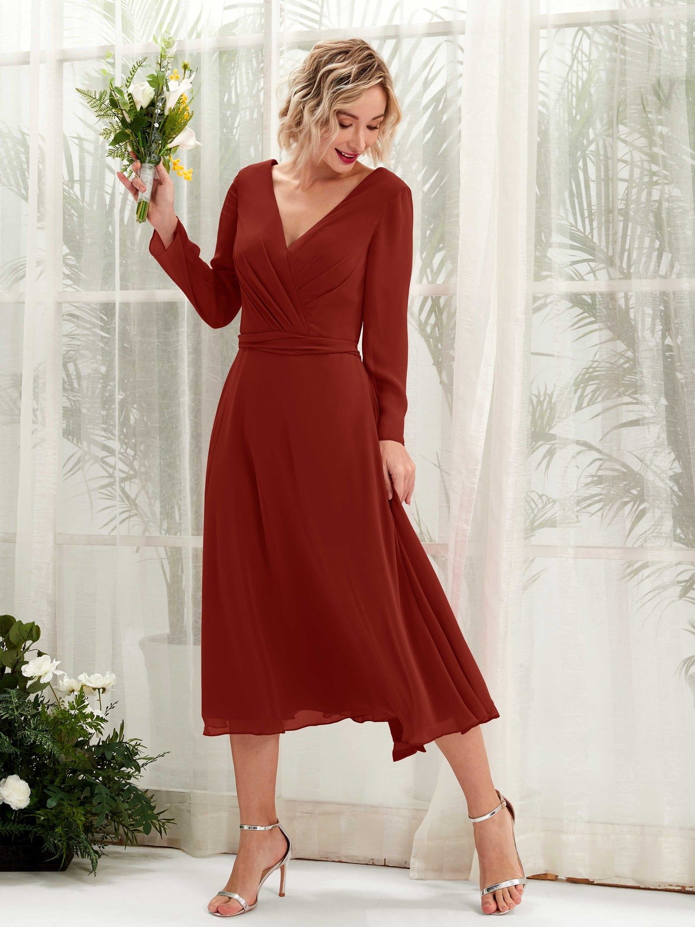 Carlyna A-Linien-Kleid V-Ausschnitt Langarm Wadenlang Brautjungfernkleider Rostrot #farbe_rostrot