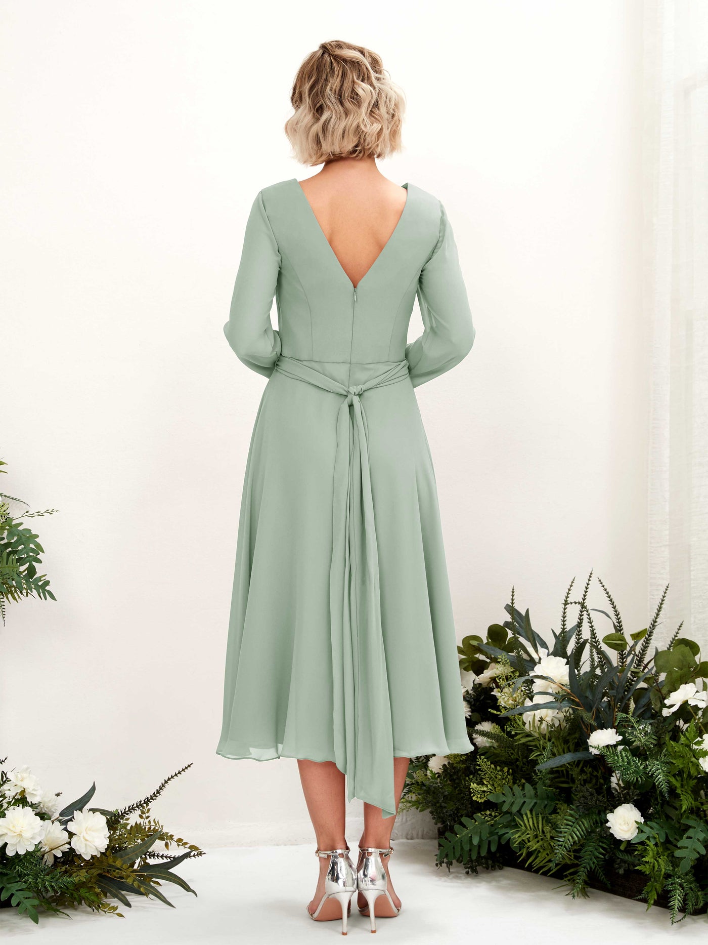 Carlyna A-Linien-Kleid V-Ausschnitt Langarm Wadenlang Brautjungfernkleider Salbeigrün #farbe_salbeigr-n