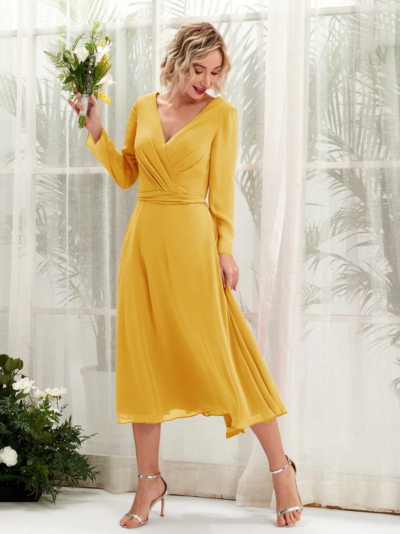 Carlyna A-Linien-Kleid V-Ausschnitt Langarm Wadenlang Brautjungfernkleider Senfgelb #farbe_senfgelb