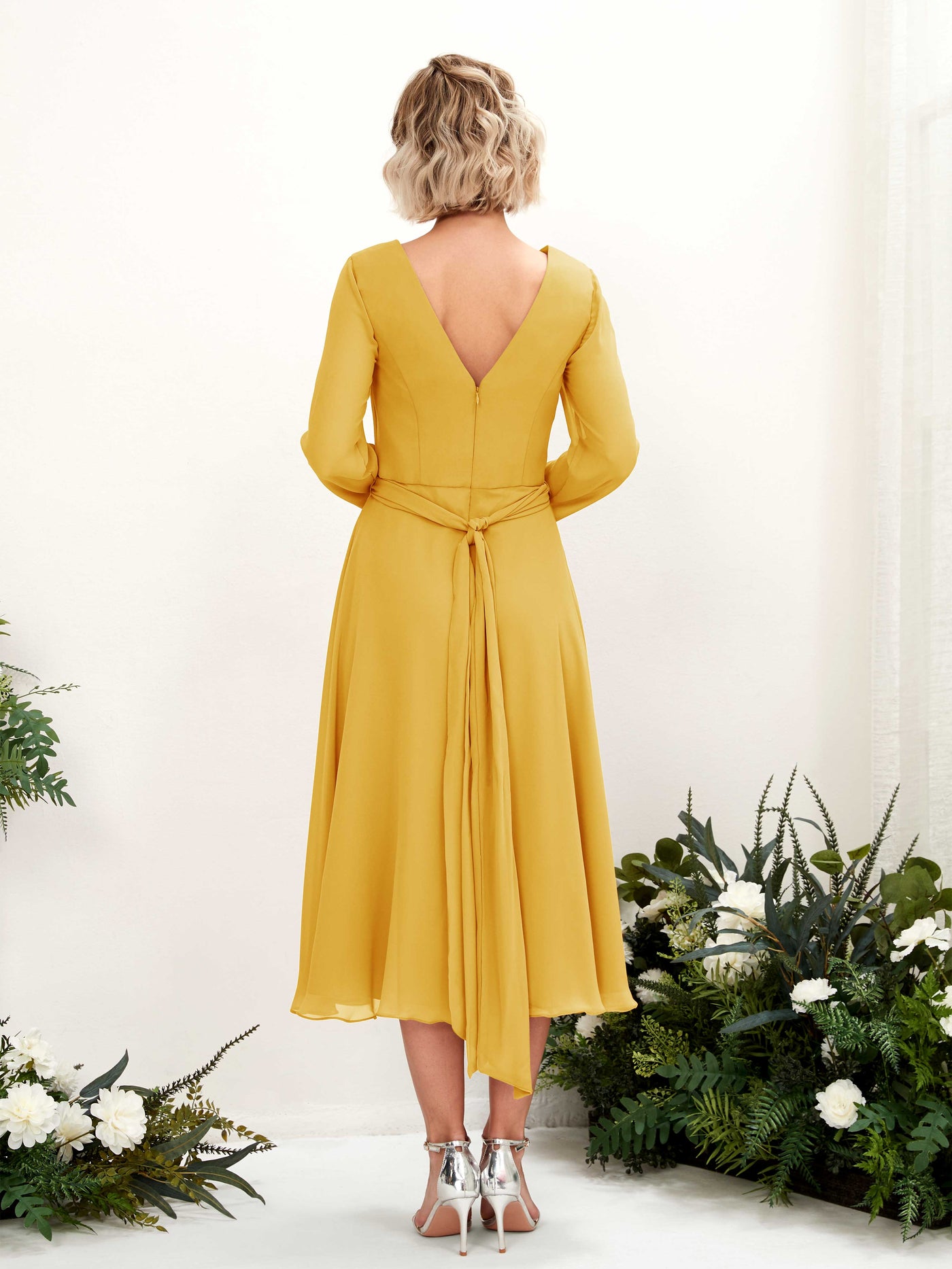 Carlyna A-Linien-Kleid V-Ausschnitt Langarm Wadenlang Brautjungfernkleider Senfgelb #farbe_senfgelb