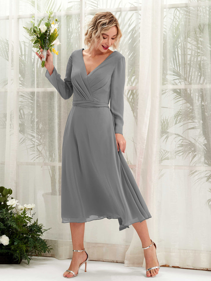 Carlyna A-Linien-Kleid V-Ausschnitt Langarm Wadenlang Brautjungfernkleider Stahlgrau 