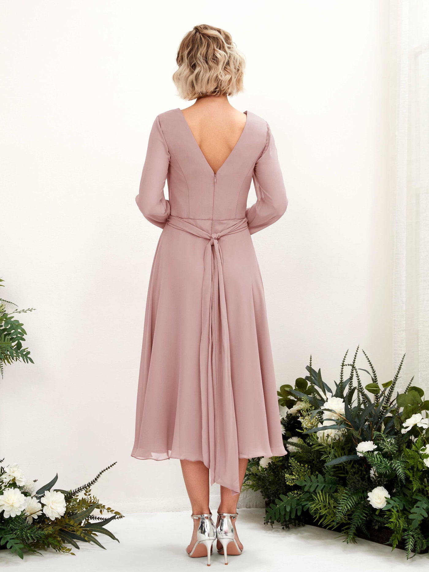 Carlyna A-Linien-Kleid V-Ausschnitt Langarm Wadenlang Brautjungfernkleider Staubige Rose #farbe_staubige-rose