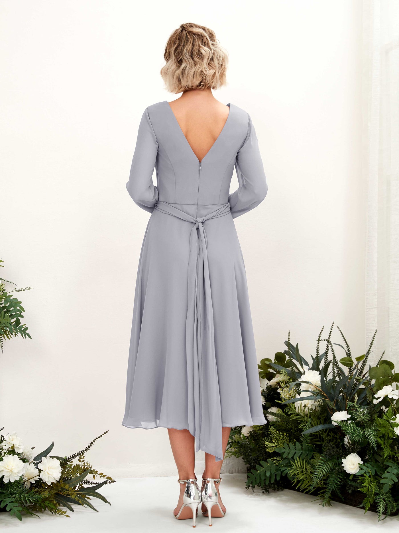 Carlyna A-Linien-Kleid V-Ausschnitt Langarm Wadenlang Brautjungfernkleider Staubiger Lavendel #farbe_staubiger-lavendel