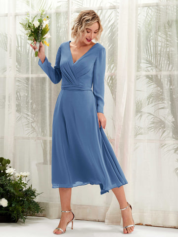 Carlyna A-Linien-Kleid V-Ausschnitt Langarm Wadenlang Brautjungfernkleider Staubiges Blau #farbe_staubiges-blau